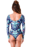 Blue Ethnic Print Long Sleeve Swimsuit