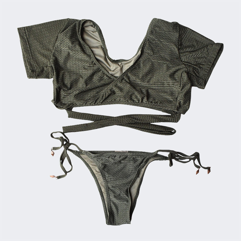 Army Green Geometric Crop Top Bikini